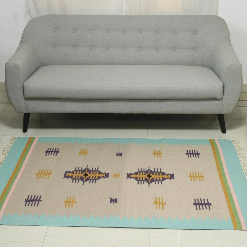 Handmade Beach Caravan Wool dhurrie rug (India) - Big