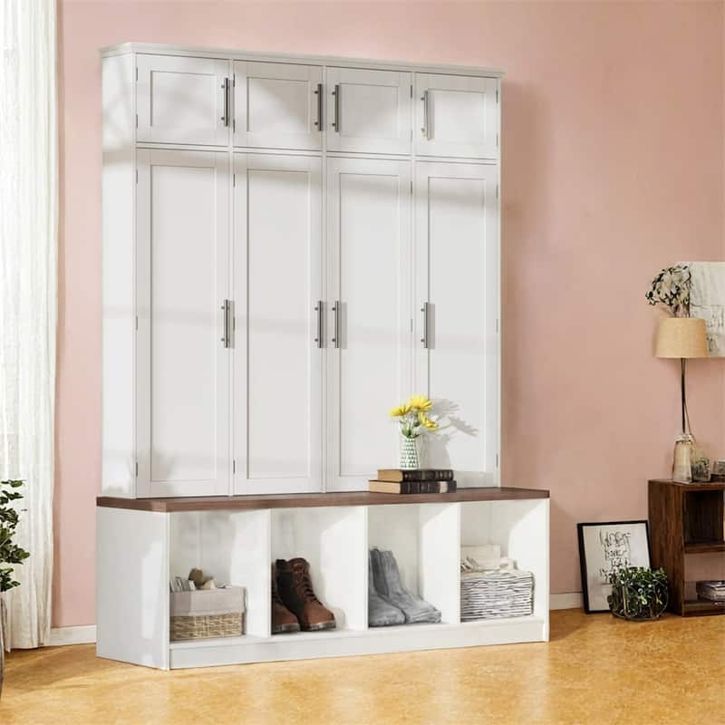 Farmhouse Hall Tree w/4 Hidden Hanging Hooks,Versatile Seating Bench