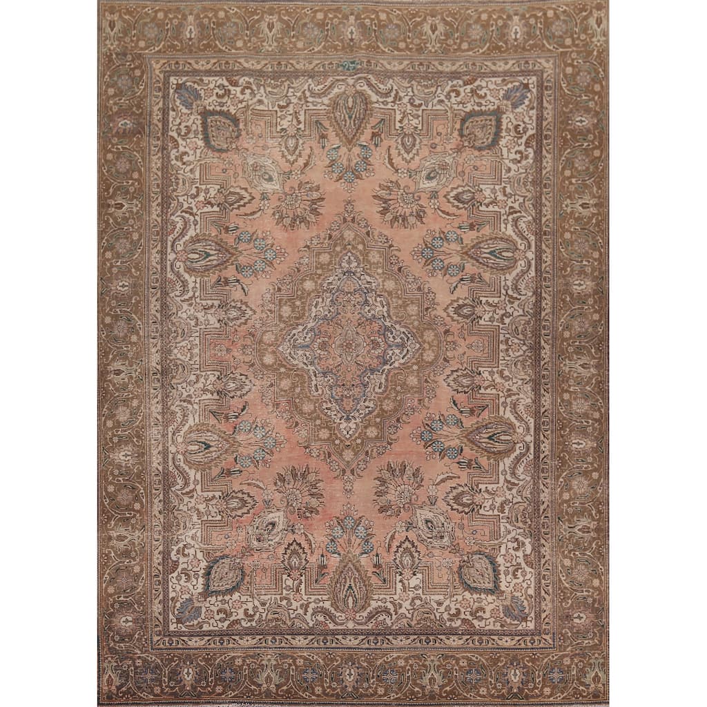 Distressed Tabriz Persian Vintage Rug Hand-Knotted Wool Carpet - 9'5" x 12'3"