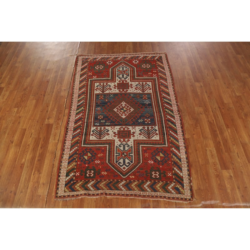 Hand Knotted Oriental 100% Wool Carpet Traditional Tribal Red Caucasian Area Rug - 5' 7'' X 3' 7''