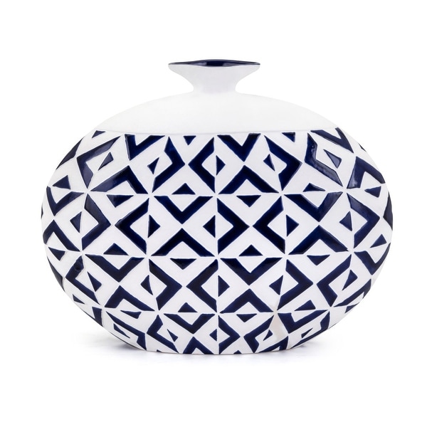 Short Neck Round Patterned Vase with Geometric Design, Large, White and Blue