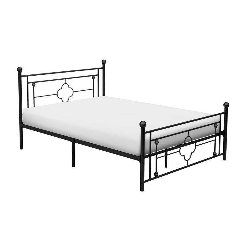 Full Platform Bed with Black Finish Metal Frame and Ball Finials