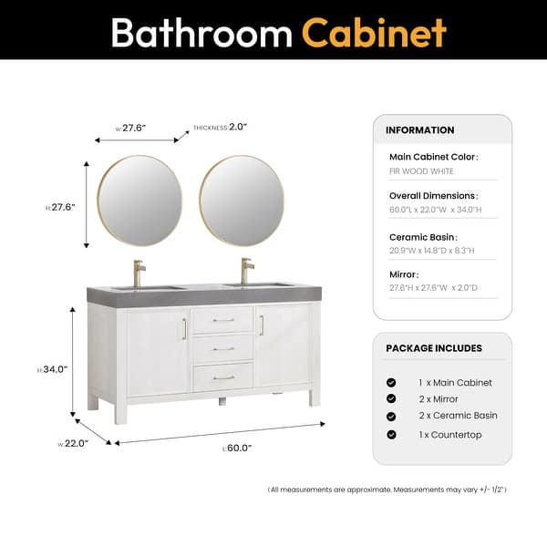 dimension image slide 5 of 7, Leon 60 in. Double Bathroom Vanity with Composite Stone Top