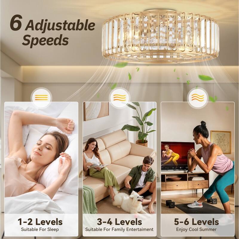20 in. Indoor Gold Crystal Ceiling Fan with Light, Mid Century Gold Fandelier with Remote Control, 6 Speeds for Bedroom