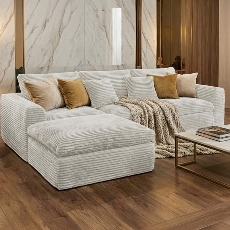GDFStudio Zephyrian Corduroy Foam Modular Sofa with Cloud Cushions and Convertible Design - Off White