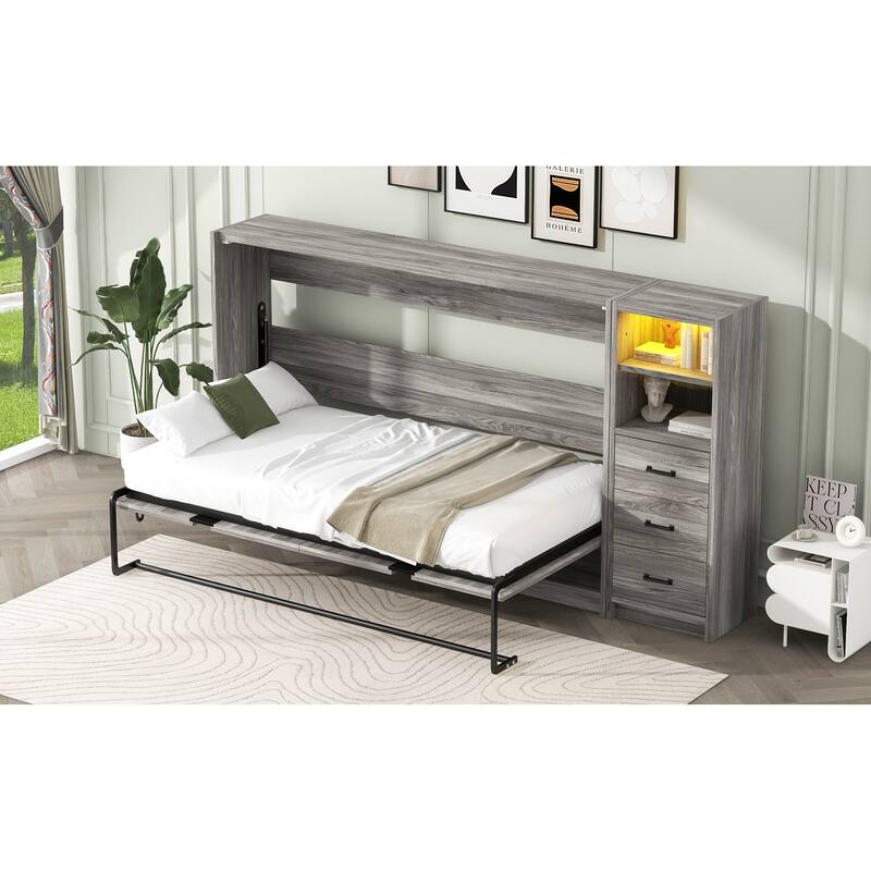 Space-Saving Foldable Twin Bed with Drawers, LED Light, and Cabinet, Gray