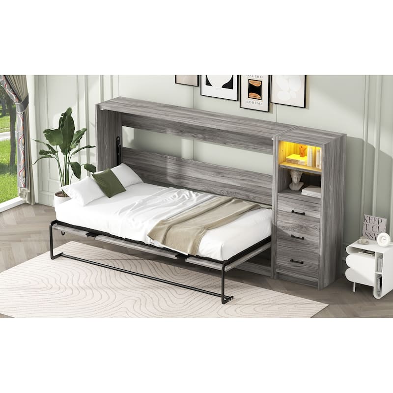 Twin Size MDF Murphy Bed with 3 Drawers, LED Lighting, and Cabinet Conversion