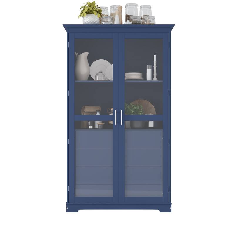 Kitchen Pantry Storage Cabinet, Freestanding Wood Cabinet Display Cabinet with Glass Doors, 4 Built-in Drawers & Shelves