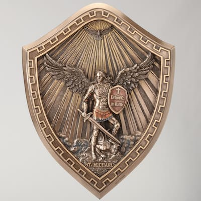 10.04 inches Height Cold Cast Bronze Saint Michael Crested Shield Wall Plaque Bronze Finish Figurine