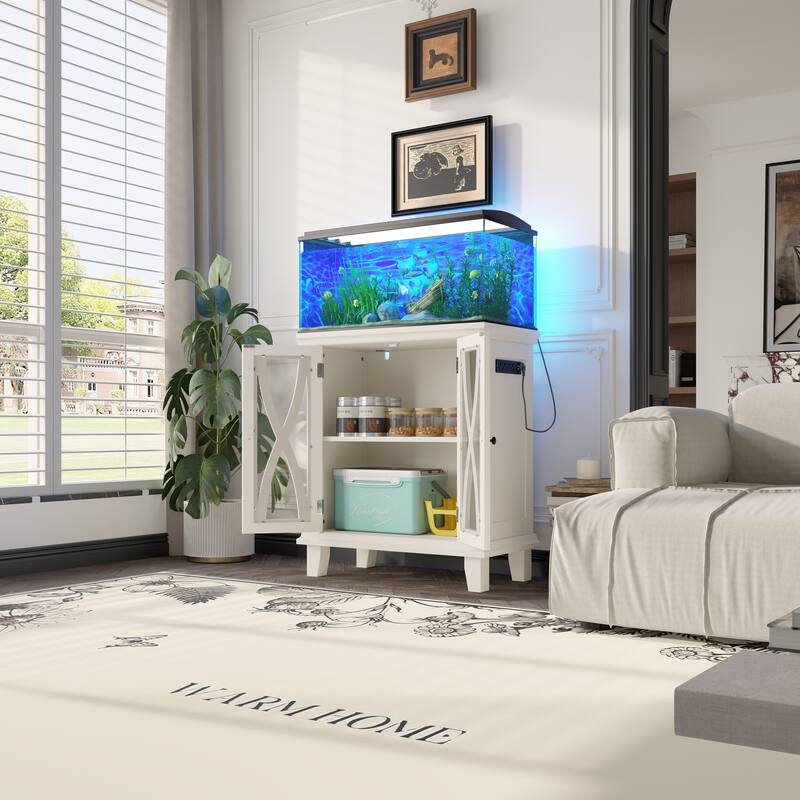 Anmytek Farmhouse 10-20 Gallon Aquarium Tank Stand with Power Outlets, Adjustable Shelves and Storage Cabinet