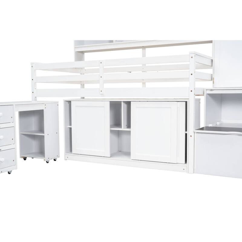 Twin Size Wooden Loft Bed with Integrated Wardrobe, Under-bed Desk, Drawers, with Shelves