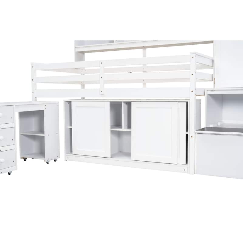 Wooden Loft Bed with Integrated Wardrobe, Under-bed Desk, Drawers, with Shelves
