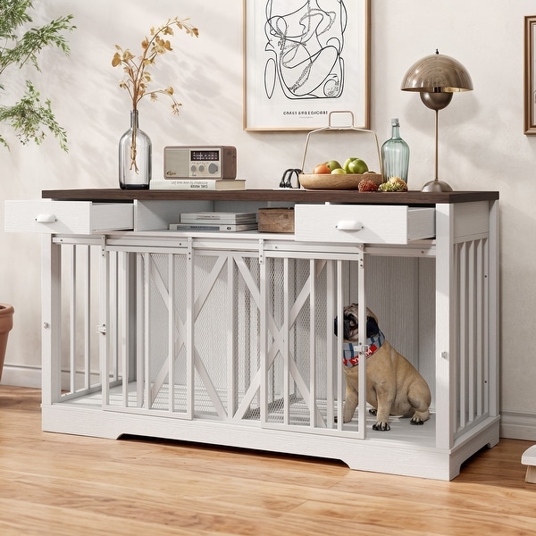 63 Inch Double Dog Crate TV Stand with Charging Station - Bed Bath