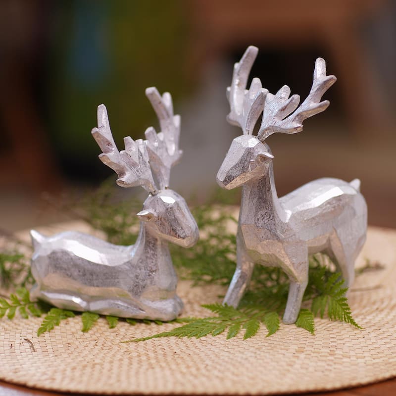 Novica Handmade Silver Reindeer Wood Figurines (Pair)