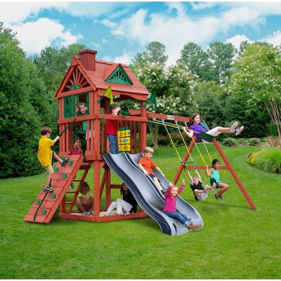 Gorilla Playsets Double Down II Outdoor Wooden Swing Set with Gray Slides