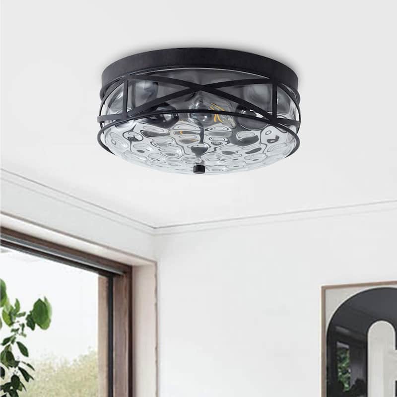 Vintage Oil Rubbed Bronze 2-Light Drum Shape Stone Water Glass Lighting Fixture - Black