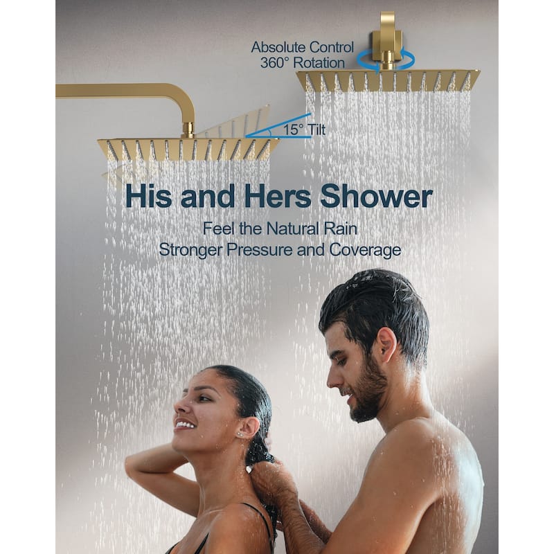 GRANDJOY 12 inch Wall Mounted Dual Shower Heads with Handheld Spray Combo Thermostatic High Pressure Shower System