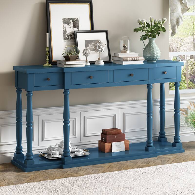 Retro Console Table with 4 Front Facing Storage Drawers and 1 Shelf