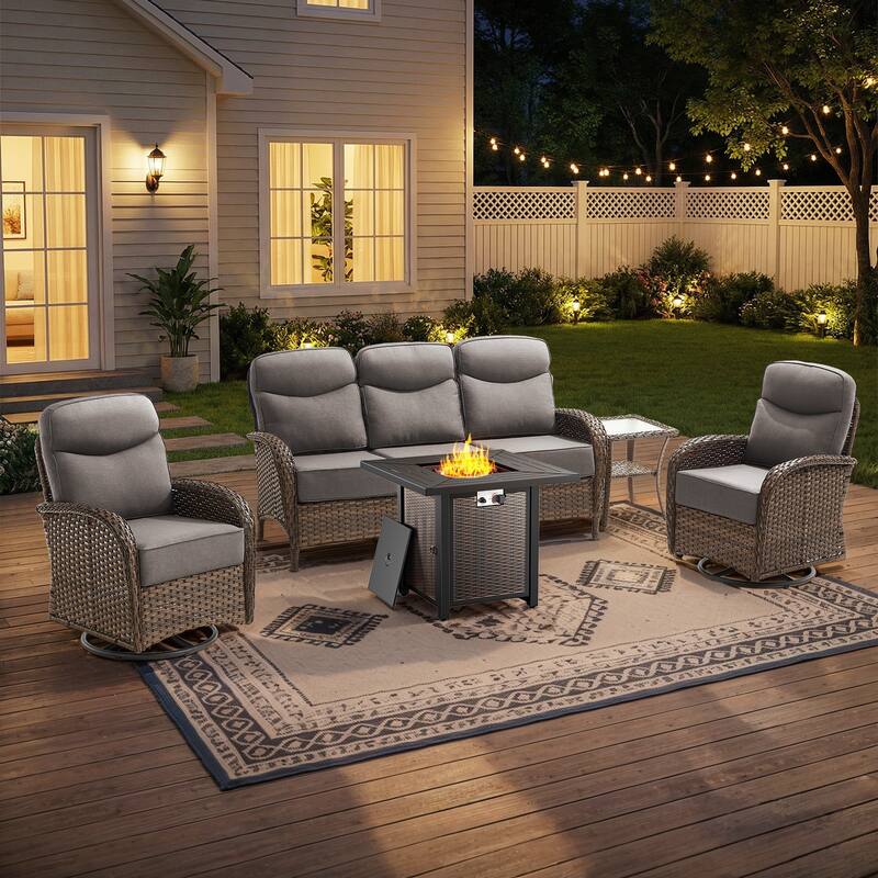 Pocassy Outdoor Sofa Swivel Chair and Ottman with 30in Fire Pit Table - Brown Wicker Gray Cushion - 5-Piece Sofa Swivel Chiar with Fire Table