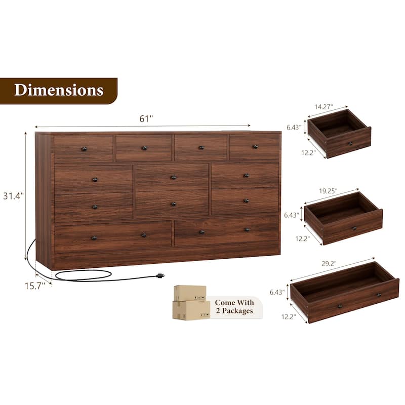12 Drawer Dresser for Bedroom with Power Outlet, 61 Inch Wooden Storage Cabinet
