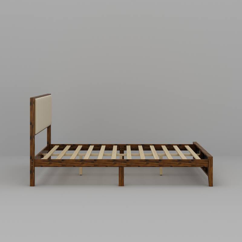 Solid Rubber Wood Platform Bed Frame with Upholstered Headboard - Queen Size Modern Bed