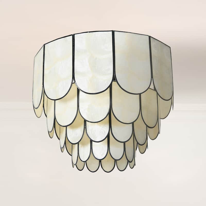 Capiz and Metal Flush Mount Ceiling Light - 14.0"L x 14.0"W x 12.0"H