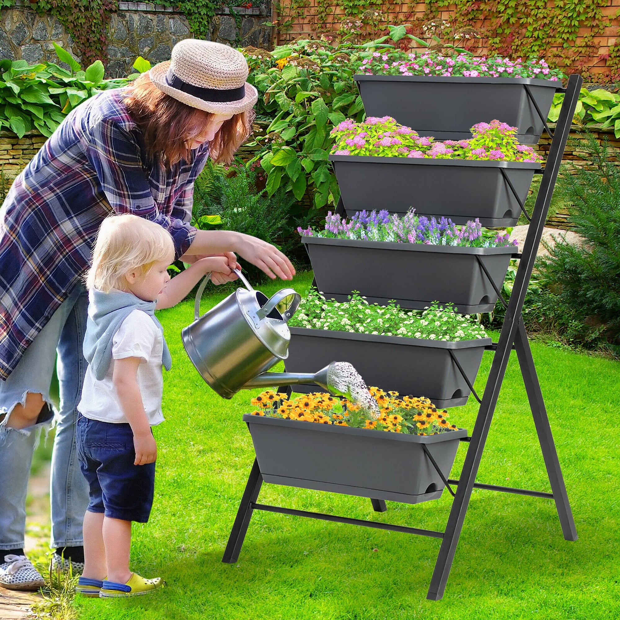 Cerbior 4FT Vertical Garden Freestanding Elevated Planter with 5 Container Boxes 