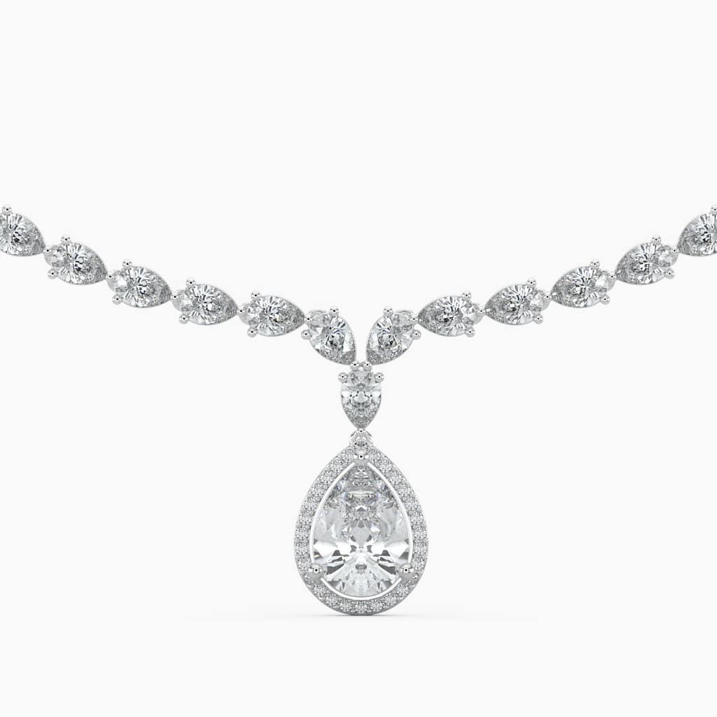 14K Gold Lab Grown Diamond Pear Cut Diamond Tennis Necklace & Halo Pear Pendant