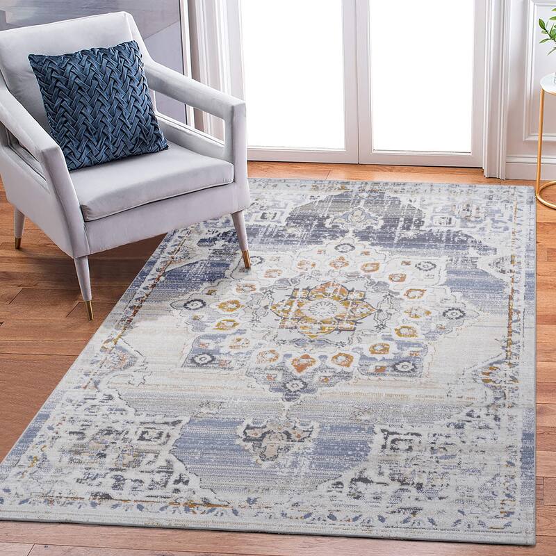 LOOM & LUXE Collection Cream/Gold/Medallion Non-Shedding Area Rug
