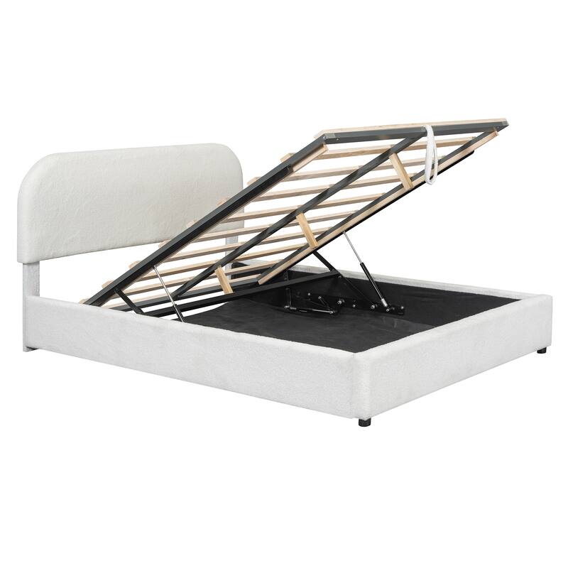 Queen Size Upholstered Platform Bed with Hydraulic Storage System, White