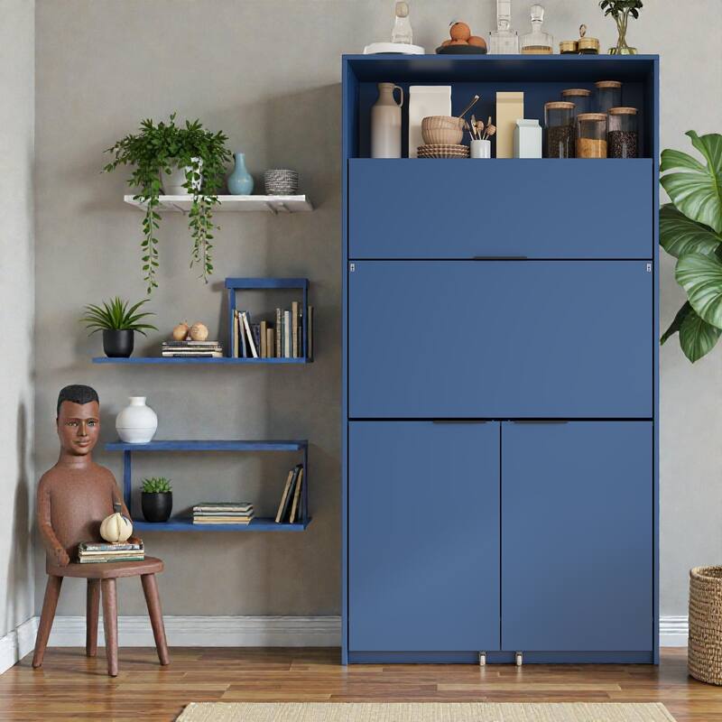 Compact Kitchen Pantry Cabinet with Hutch, Foldable Workstation, Power Outlet, 69 Inch Buffet Storage