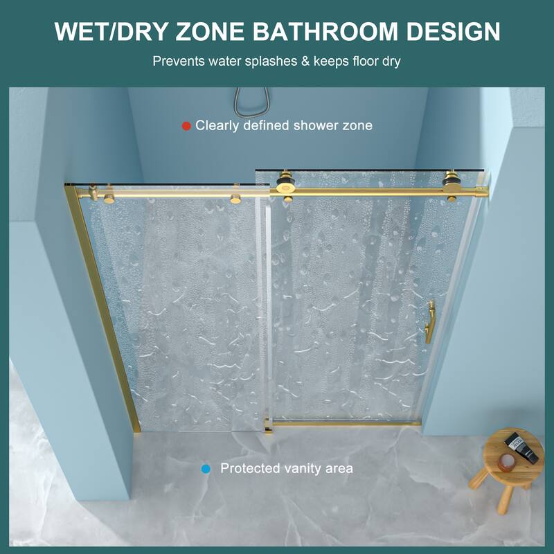 48"W x 76"H Gold Stainless Steel Single-Slide Shower Door with 8mm Tempered Glass – Reversible Left or Right Installation