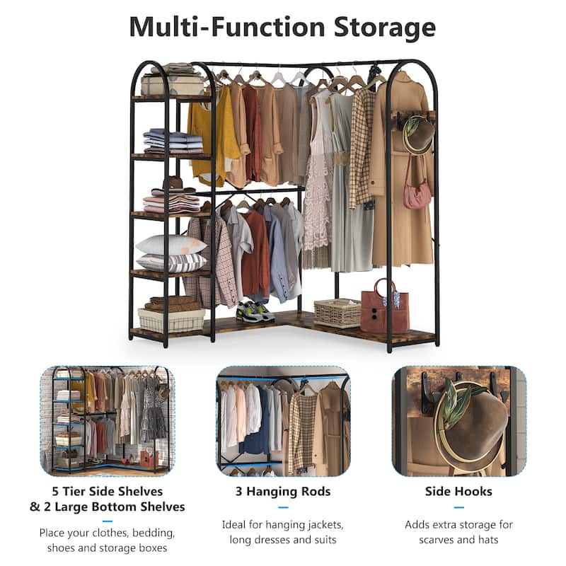 Heavy Duty L Shape Clothes Rack,Freestanding Corner Closet Organizer,Large Garment Rack with Storage Shelves and Hanging Rods