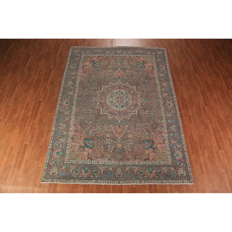 Brown Floral Tabriz Persian Rug Traditional Hand-Knotted Wool Carpet - 8'2"x 11'7"