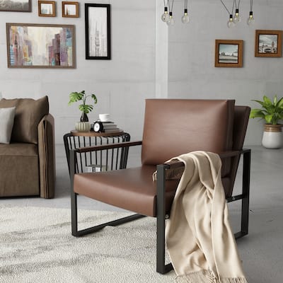 Mieres Mid-Century Style Faux Leather PU Accent Chair, Armchair with Steel Frame