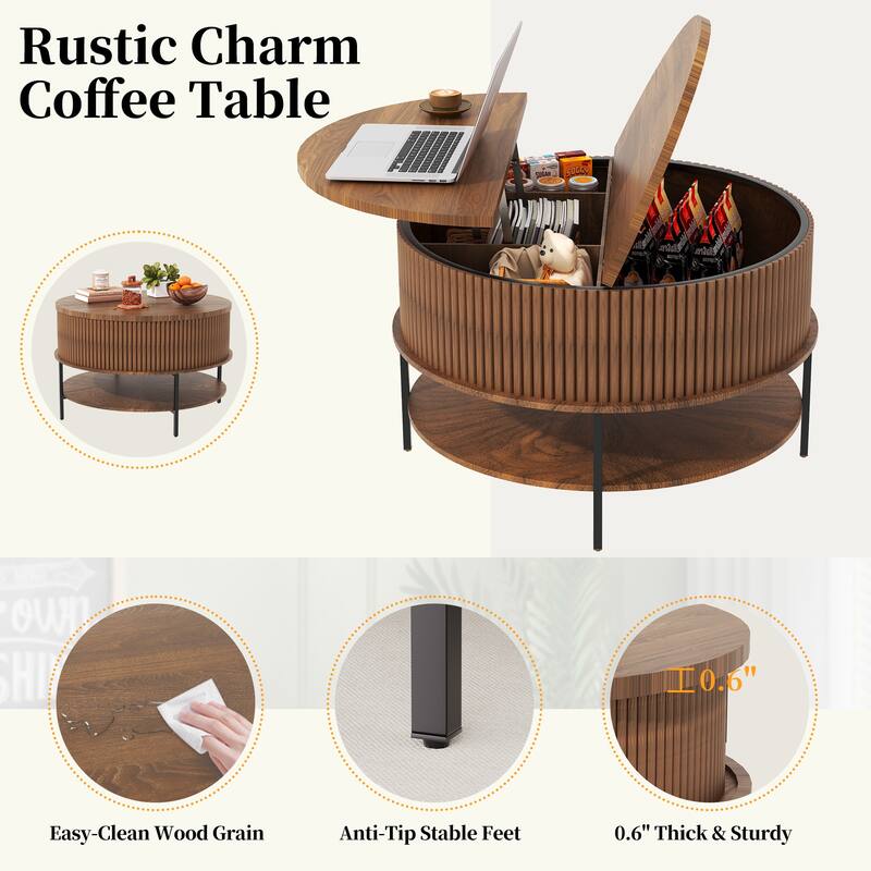 31.5 Inch Farmhouse Brown Lift Top Coffee Table, Round Storage Cocktail Table with Sturdy Steel Legs, for Living Room