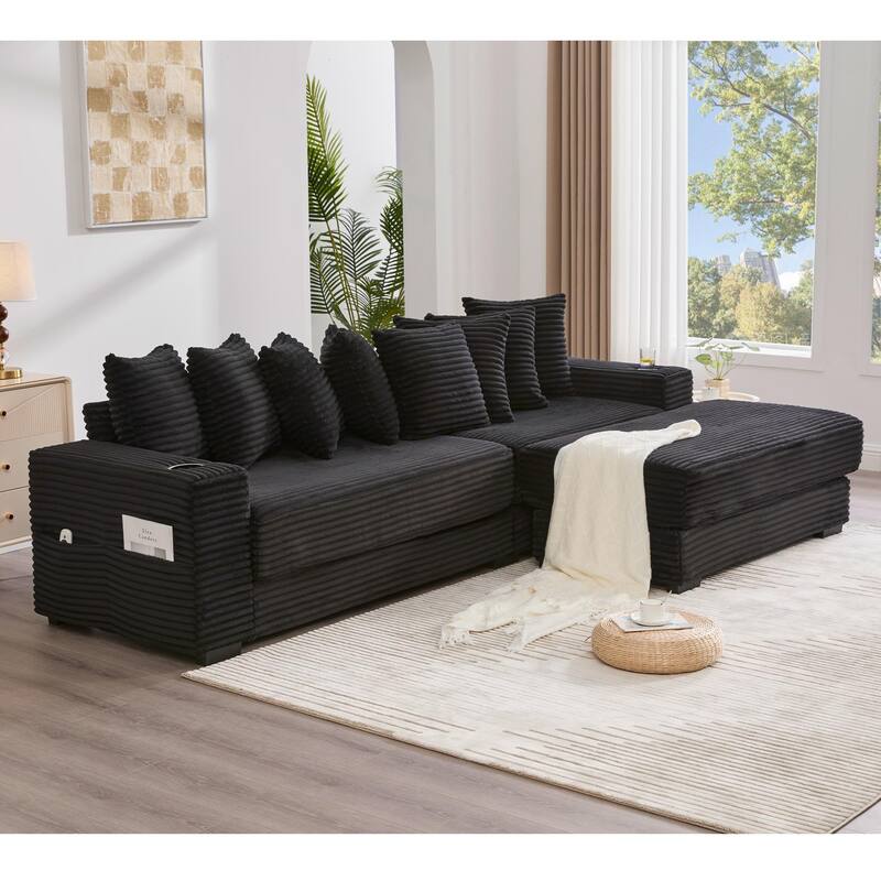 110.75" Corduroy Sectional Sofa, Convertible Sleeper Sofa Bed L-Shaped Upholstered Couch with Removable Footstool, Cup Holder