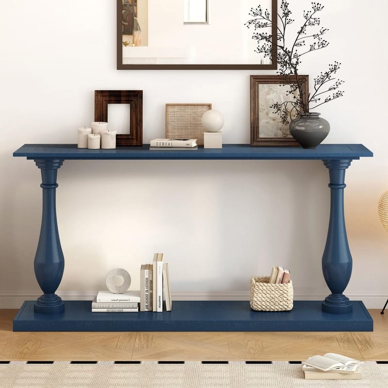 Vintage 63" Sofa Console Table with Solid Pine Legs for Living Room - Navy Blue