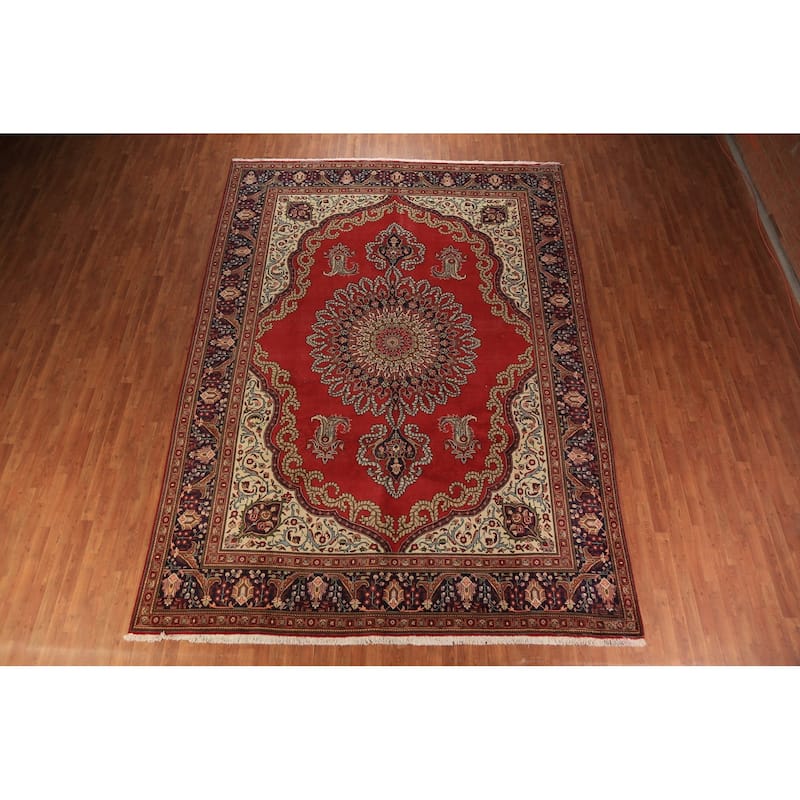 Red Medallion Tabriz Persian Vintage Area Rug Handmade Wool Carpet - 9'10" x 13'4"
