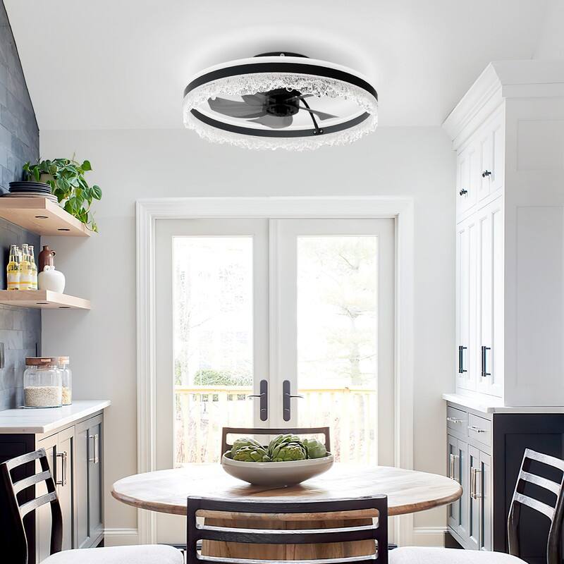 Smart Silent LED Ceiling Fan with Light Crystal Flush Mount, Hidden Blades