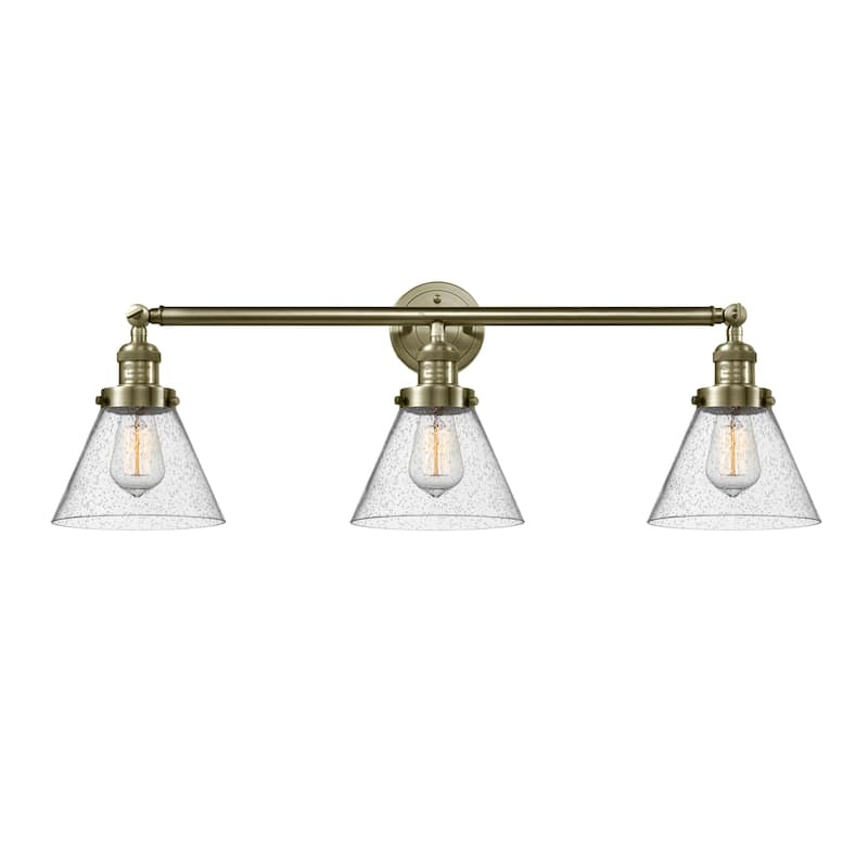 Innovations Lighting Large Cone 3 Light 32" Wide Bathroom Vanity Light - Antique Brass / Seedy