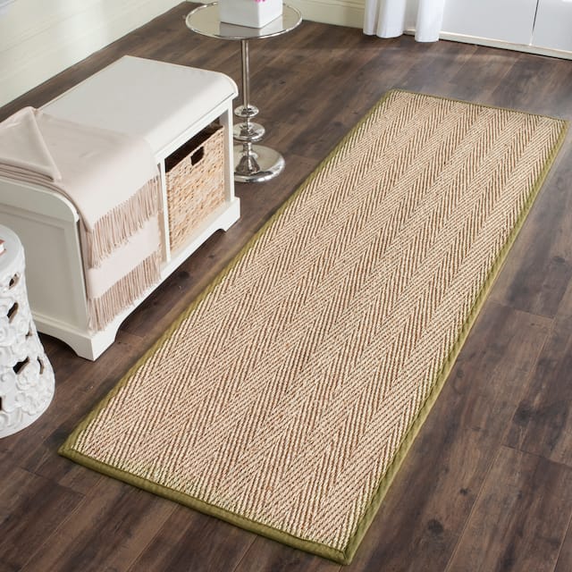SAFAVIEH Natural Fiber Oceana Herringbone Seagrass Rug - 2'6" x 16' Runner - Natural/Olive