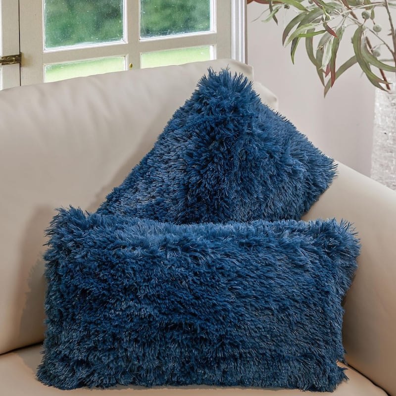 Cheer Collection 12"x20" Shaggy Long-hair Throw Pillows (Set of 2) - Navy