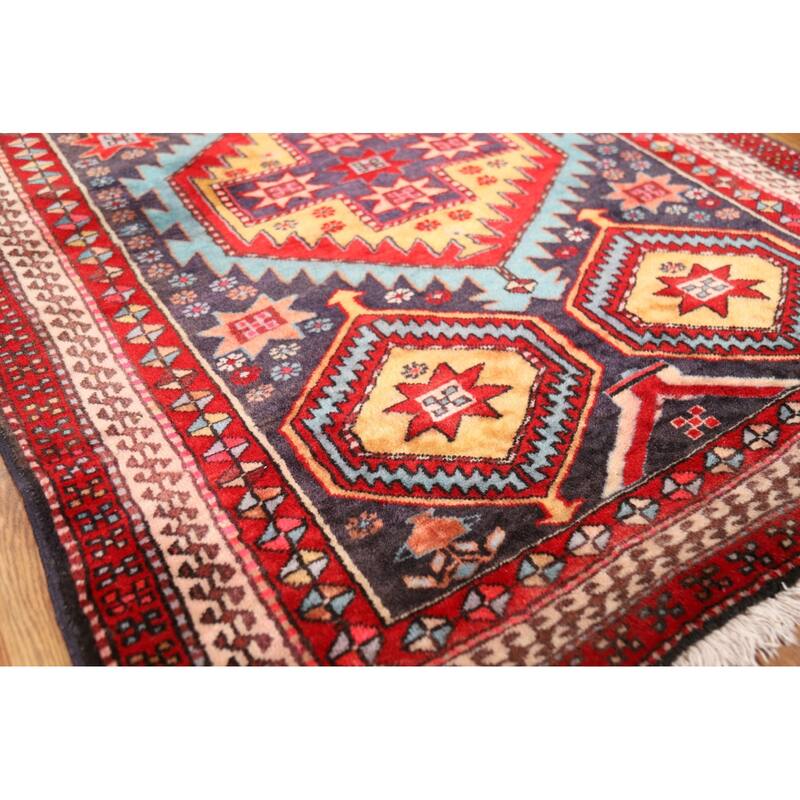Navy Blue Ardebil Persian Vintage Runner Rug Handmade Wool Carpet - 3'5"x 10'5"