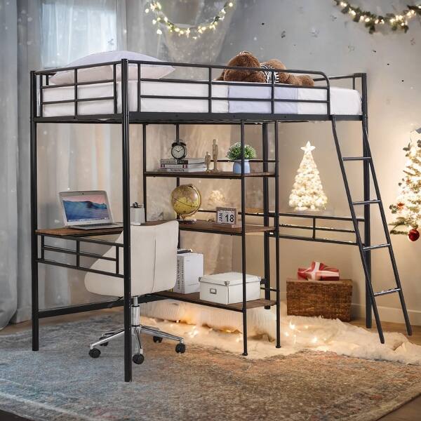 slide 2 of 30, Twin Size Metal Loft Bed and Built-in Desk and Shelves Black
