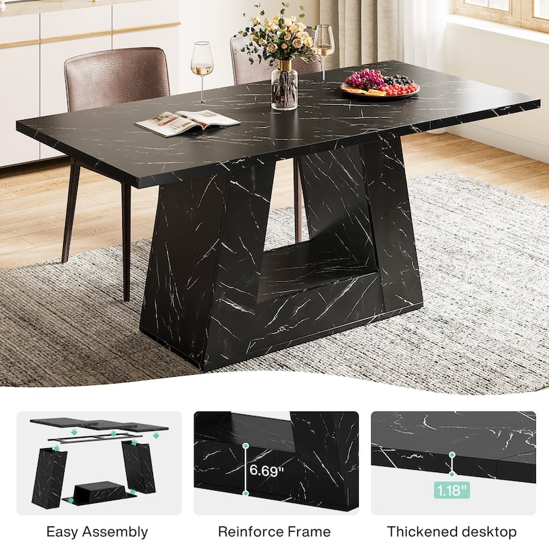 Farmhouse Modern Wooden Faux Marble Dinner Table with Sturdy Base