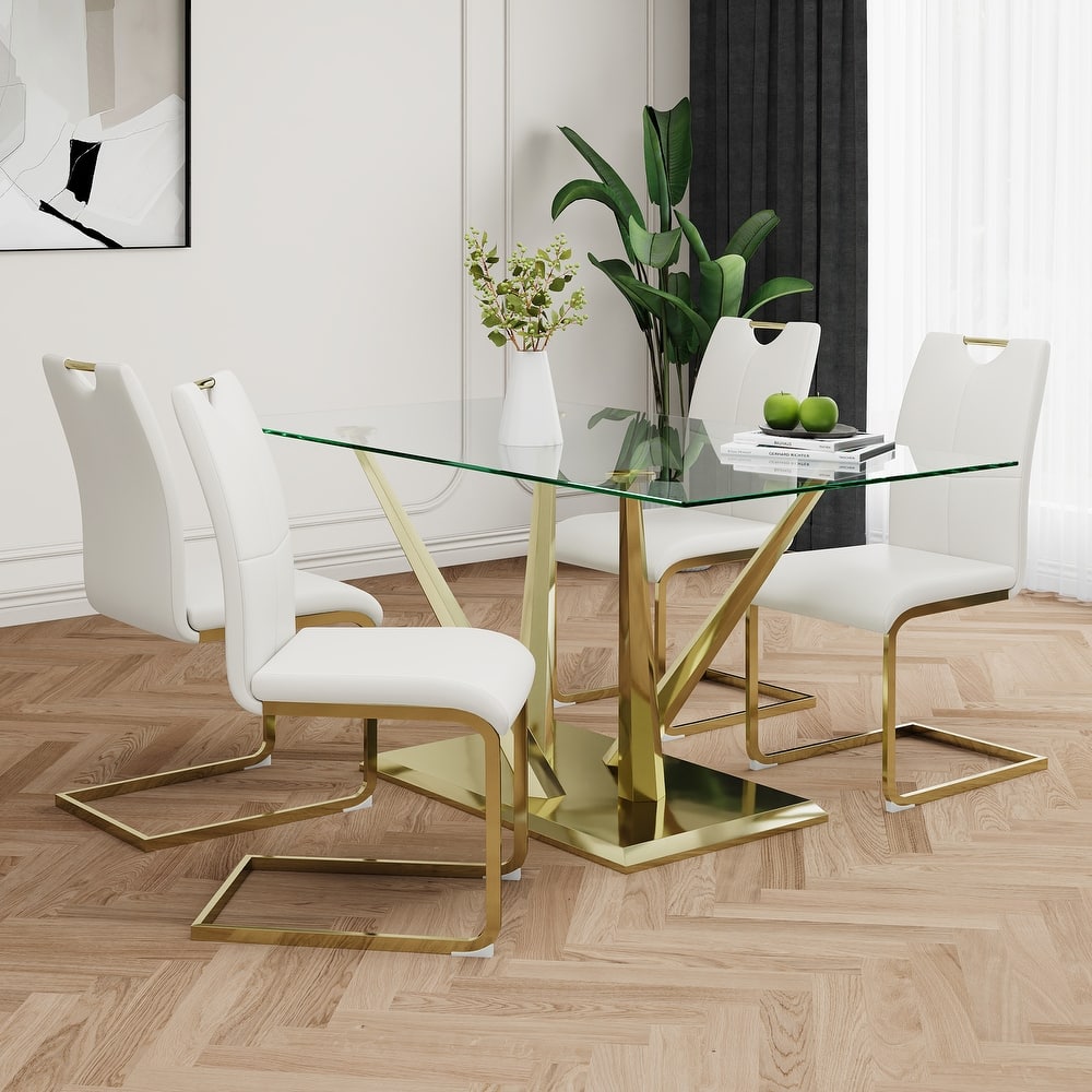 5-Piece Rectangular Dining Table Set for 4 Modern 63" Tempered Glass Kitchen Table with 4 Chairs, Luxury Dining Room Table Set