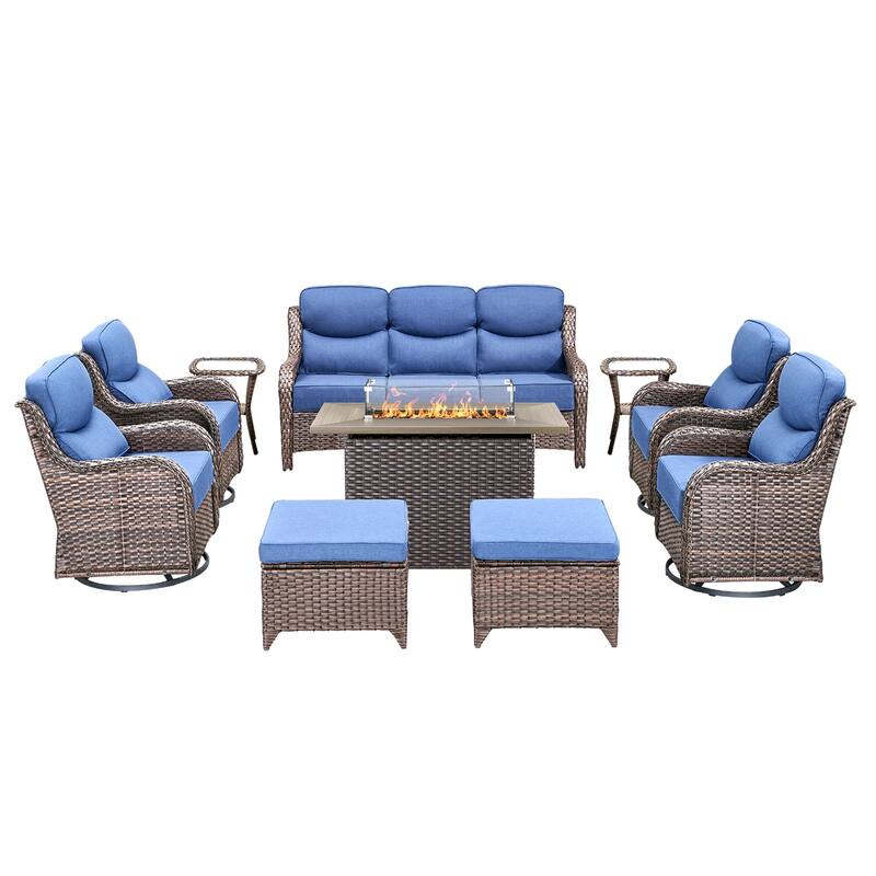 Pocassy 10 Pieces Outdoor 6 Inch Sofa Swivel Chair Ottoman with Fire Table