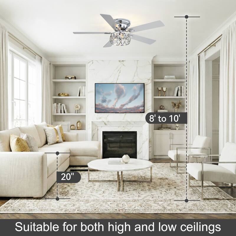 52 inch 5-Blade Flush Mount Crystal Ceiling Fan with Light Remote