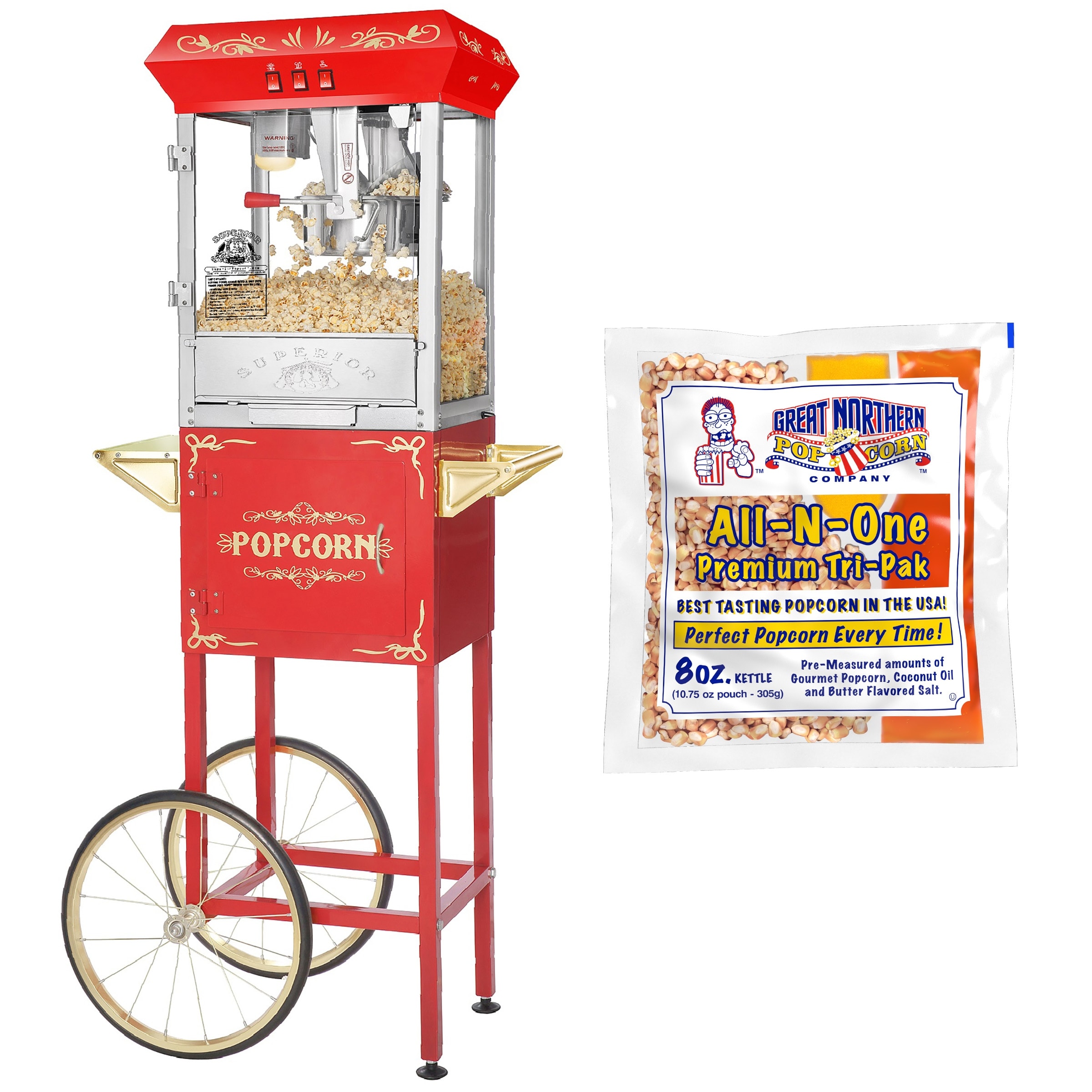 Carnival Popcorn Machine and Cart and 5 All-In-One Popcorn Packs